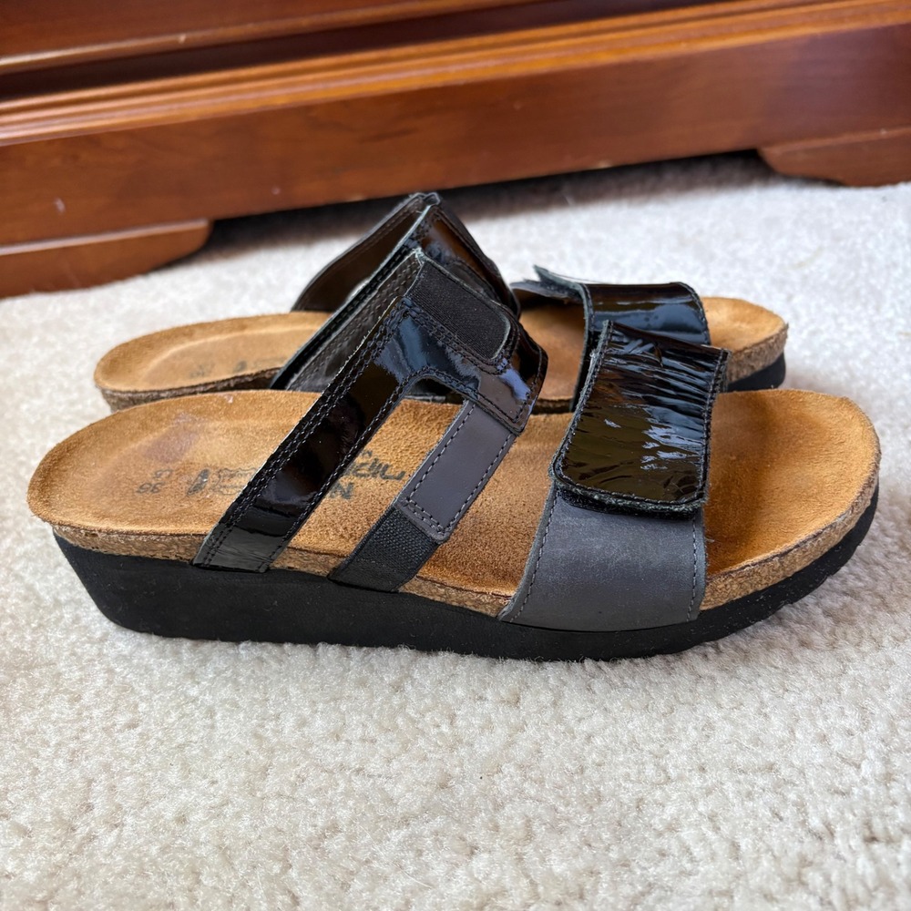 Naot Women Black Grey Patent Leather Cork Footbed Slide Sandals Size 36 EU 5 US